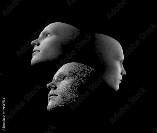 Three faces looking in different directions. Anonymous social masking. Technology and robotics concept. 3D vector illustration.