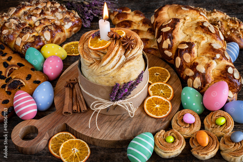 Easter buns and Easter eggs on the table photo