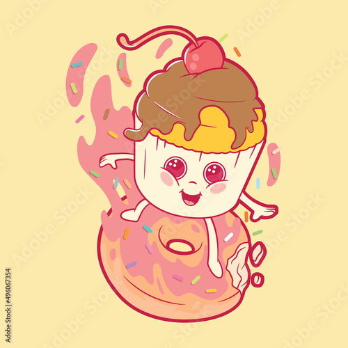 Cute Muffin surfing a doughnut vector illustration. Food, funny, cute design concept.
