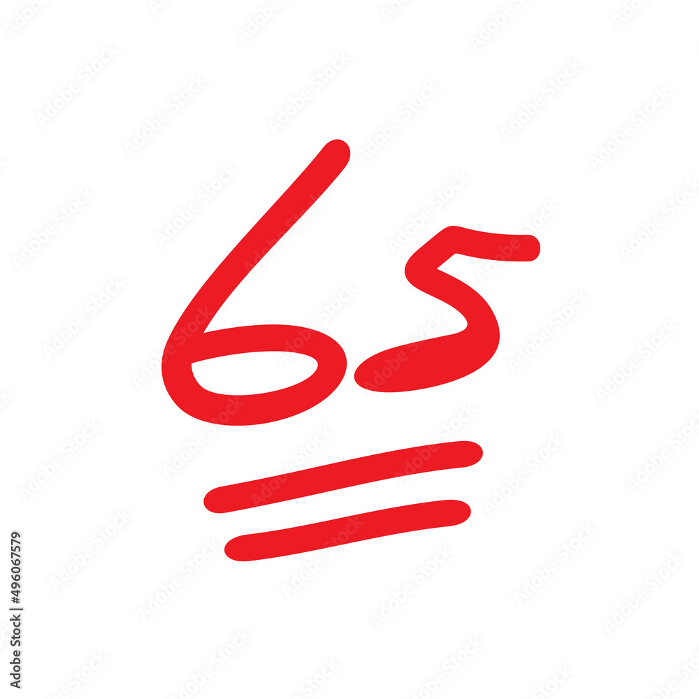 Sixty five points illustration, 65 points grade, red color isolated on white background Sixty five points illustration, 65 points grade, red color isolated on white background
