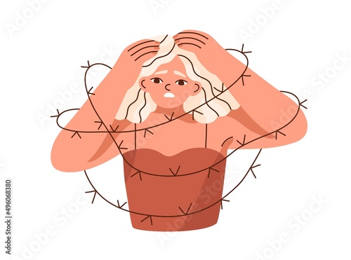 Person with barbed wire around. Psychology mental concept of restriction, limitation, lack of freedom. Woman with barbwire, deprived of liberty. Flat vector illustration isolated on white background