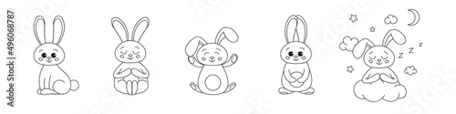 Set of Cute outline rabbits, bunny for coloring. Rabbits Bunnies Cartoon Outline Coloring Book or page for kids. Happy Easter in doodle style. Illustration Vector.