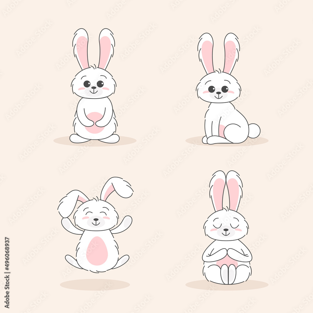 Set of Cute bunnys, baby and children concept. Happy easter rabbits different poses cartoon characters. Card with Cute bunny. Bunny with floral leafs. Design for baby, kids poster, card, invitaton. Set of Cute bunnys, baby and children concept. Happy easter rabbits different poses cartoon characters. Card with Cute bunny. Bunny with floral leafs. Design for baby, kids poster, card, invitaton.
