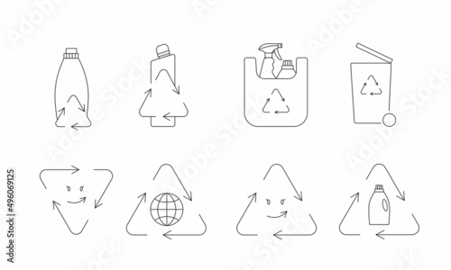 Eco-friendly packaging - recycle cleaning bottle icon concept of waste sorting. Editable stroke. Vector stock illustration isolated on white background for packaging logo print.