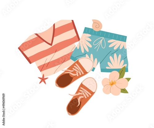 Summer clothing with t-shirt, beach shorts, sneakers. Tourists apparel, travel garments with tshirt. Holiday outfit, wearing for summertime. Flat vector illustration isolated on white background