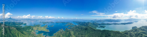 Aerial Panorama landscape of Plover Cove Reservoir, Hong Kong.