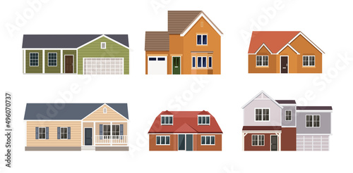 Set of buildings from different form on white background. Vector residential houses of the city or villages in flat style.