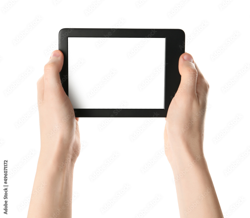 Woman using e-book reader on white background, closeup Woman using e-book reader on white background, closeup