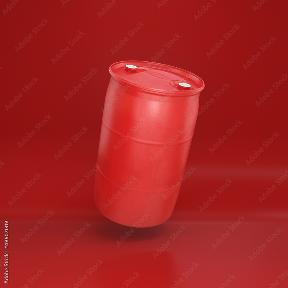 Red plastic barrel floating on a red background, 3d render Red plastic barrel floating on a red background, 3d render