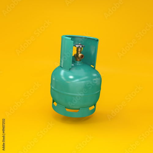 Gas cylinder 5L green floating on a yellow background, 3d render