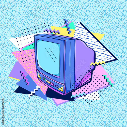 TV 90s style poster. Retro television. Retro color TV set. Movie night. Retro technology. 1990s trendy illustration. Nostalgia for the 90s.