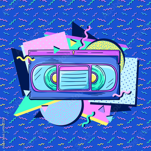 Video cassette 90s style poster. Retro videotape for video recording. Movie night banner. 1990s trendy illustration. Nostalgia for the 90s.