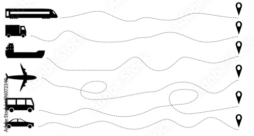 Set of route line different formy on white background. Vector illustration of train, truck, ship, plane, bus and car path in dotted line shape with flight path and arrival pin in flat style.
