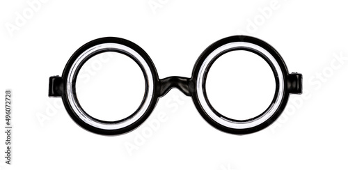 Front of nerdy black glasses with thick glass. Isolated on a white background photo