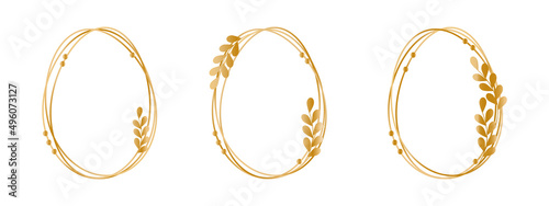 Abstract floral golden frame.Easter egg frame.Set of geometric one line oval frame.Hand drawing circle.Simple golden stripes.