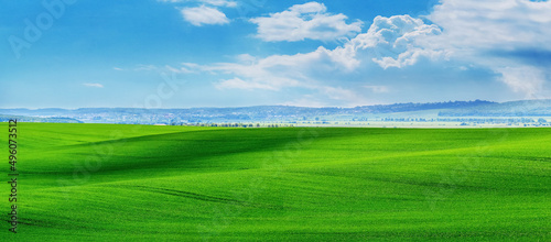 Rural landscape with green field and blue sky with white clouds