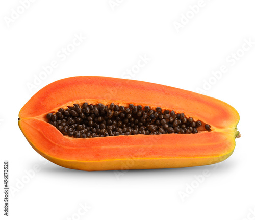 half of ripe papaya fruit with seeds isolated on white background. full depth of field