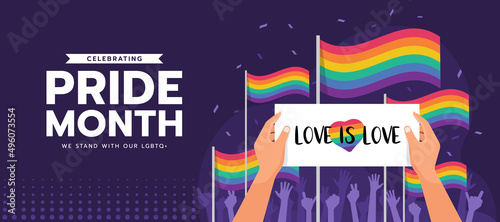 Celebrating pride month, we stand with our LGBTQ - hands is holding a banner love is love text between hands raised and rainbow pride flag on purple background vector design