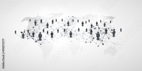 Black and White Modern Style Global Networks, Worldwide Business, IT Connections - Social Media Concept Design with Globally Connected People, Geometric Polygonal Mesh and World Map - Vector Template