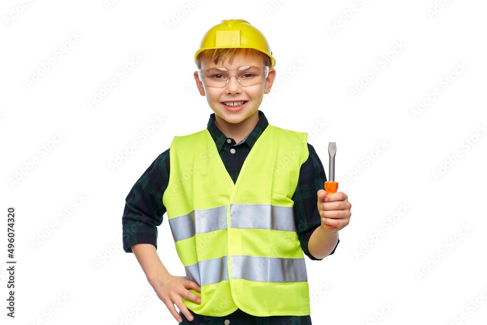 building, construction and profession concept - happy smiling happy smiling little boy in protective helmet and safety vest holding screwdriver over white background building, construction and profession concept - happy smiling happy smiling little boy in protective helmet and safety vest holding screwdriver over white background