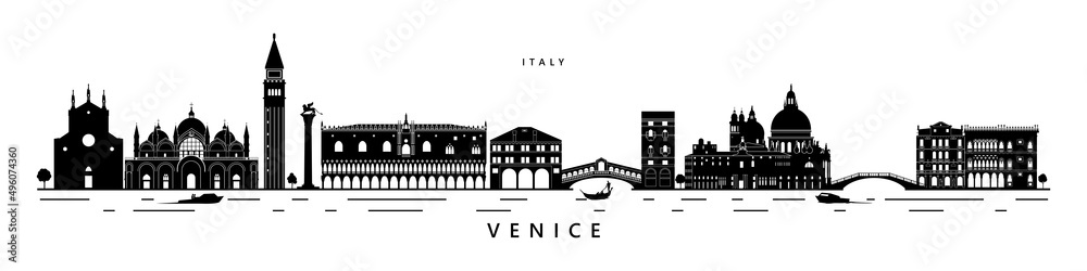 City of water Venice monument buildings black and white vector illustration. Gondola ride in Venice