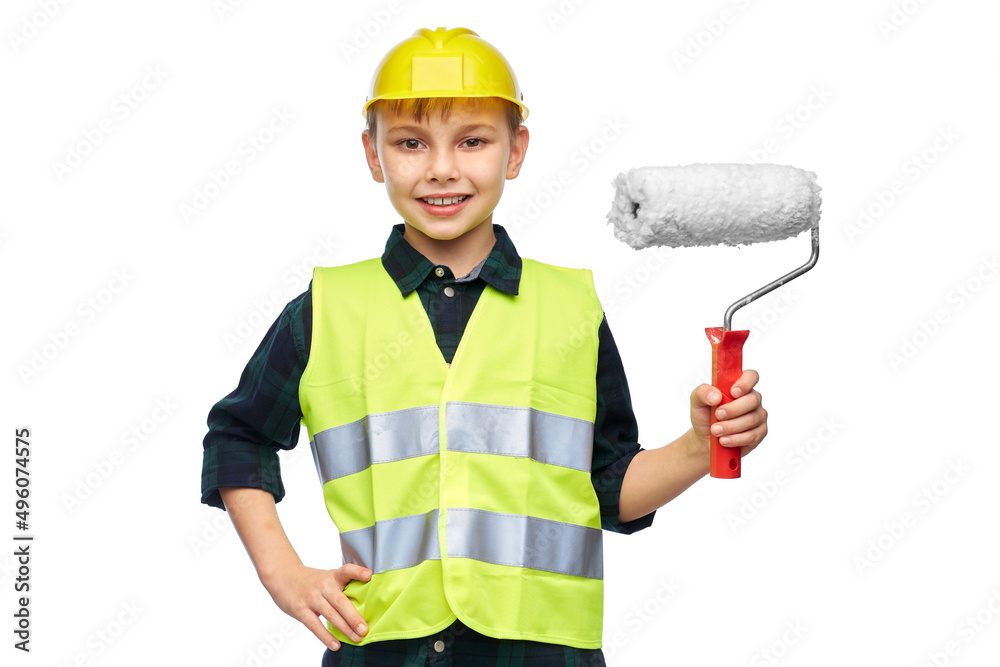building, construction and profession concept - happy smiling little boy in protective helmet and safety vest with paint roller over white background building, construction and profession concept - happy smiling little boy in protective helmet and safety vest with paint roller over white background
