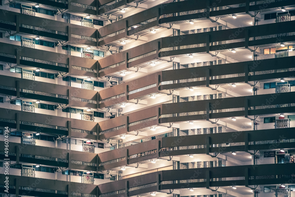 Abstract angle of exterior of Public Housing in Hong Kong, night view Abstract angle of exterior of Public Housing in Hong Kong, night view