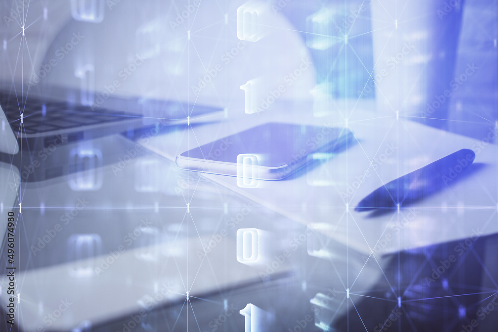 Fototapeta premium Double exposure of data theme drawing and mobile phone background. Concept of innovation