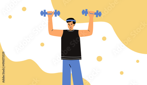 A man holds dumbbells in his hands. A man does sports. Exercises for the hands