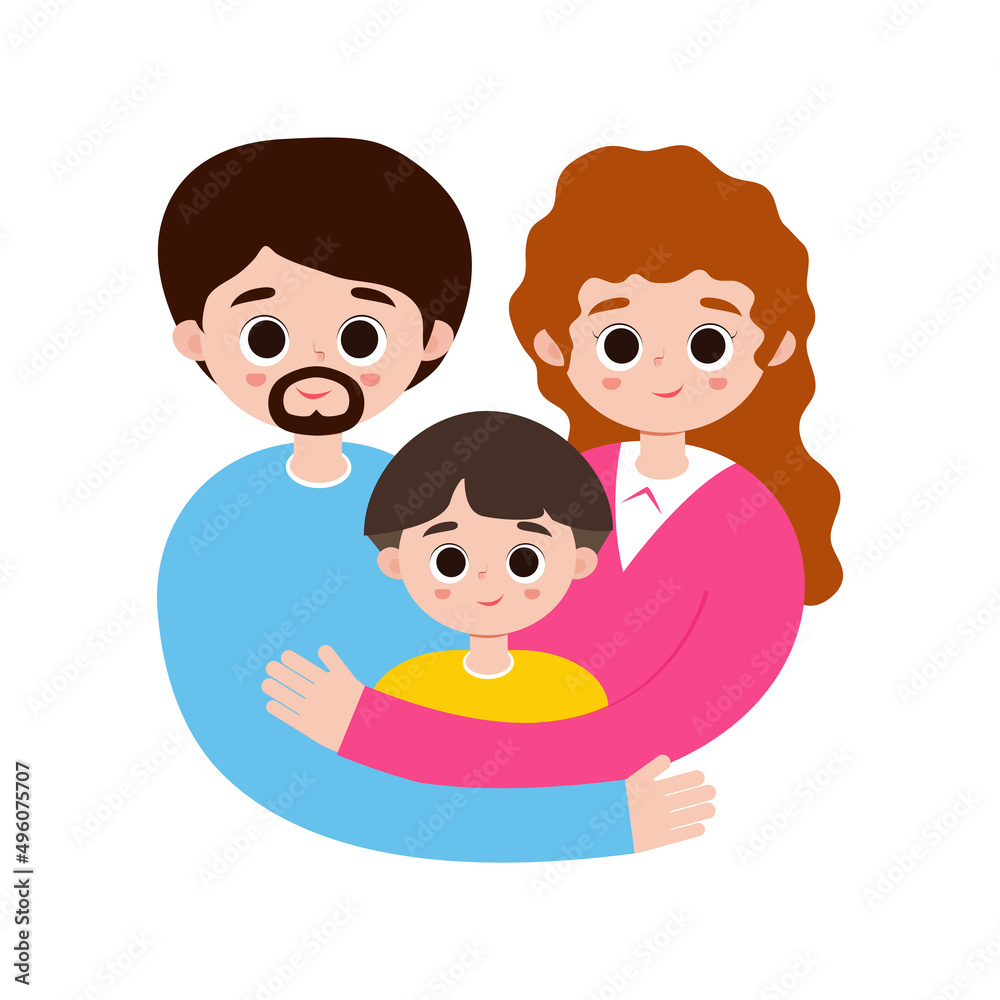 Vector Illustration Of Mom and dad hugging their son. or global day of parents, Happy parents and child in loving family. Cute cartoon characters isolated on white background Vector Illustration Of Mom and dad hugging their son. or global day of parents, Happy parents and child in loving family. Cute cartoon characters isolated on white background