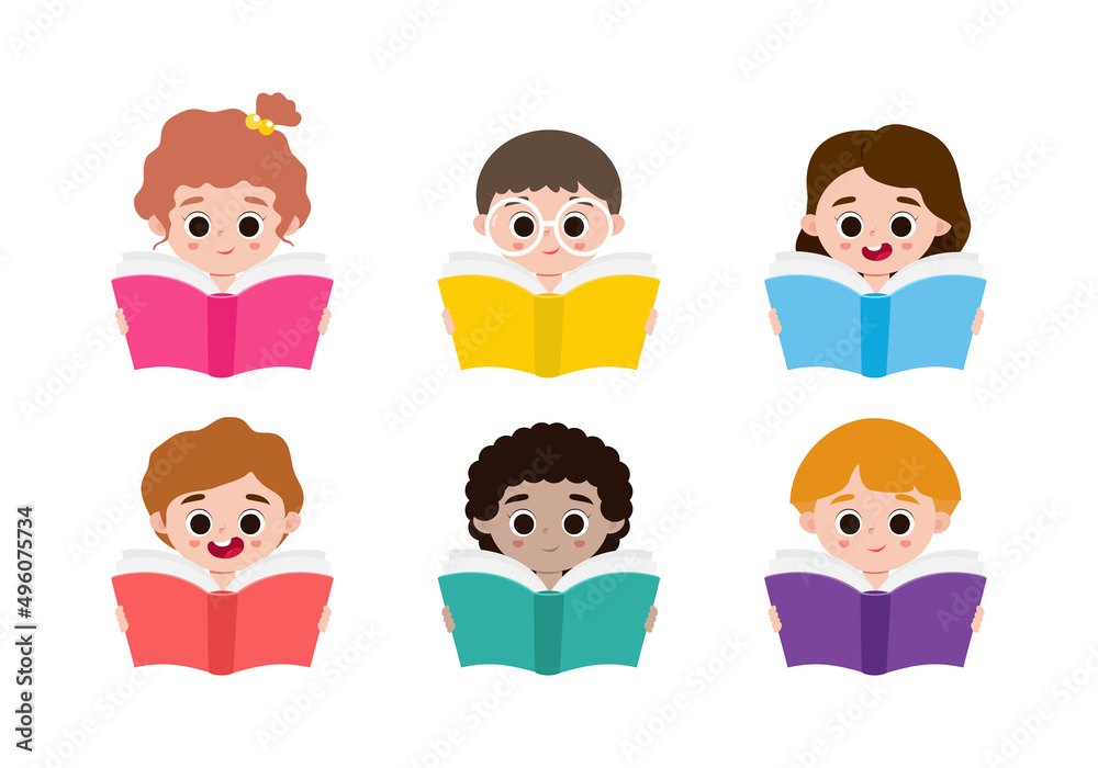 Vector Illustration Set Of Children Education, Kids Reading Book isolated on white background Vector Illustration Set Of Children Education, Kids Reading Book isolated on white background