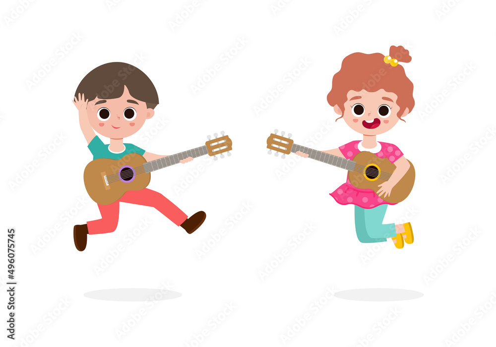 Vector Illustration Of Kids Playing Guitar isolated on white background Vector Illustration Of Kids Playing Guitar isolated on white background