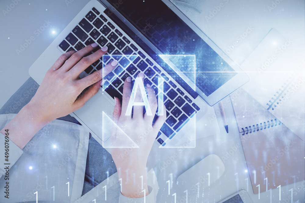 Double exposure of woman hands working on computer and data theme hologram drawing. Top View. Technology concept. Double exposure of woman hands working on computer and data theme hologram drawing. Top View. Technology concept.
