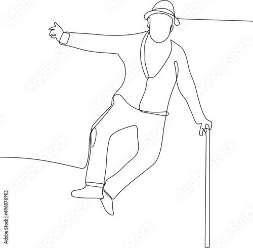 Continuous one line drawing of full length portrait of a senior man with a knee pain walking with a cane. Minimal outline concept. Vector illustration