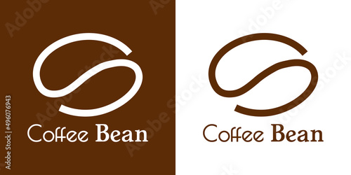 Coffee Shop. Logotipo con texto Coffee Bean con silueta de frijol de café con líneas en fondo marrón y fondo blanco
