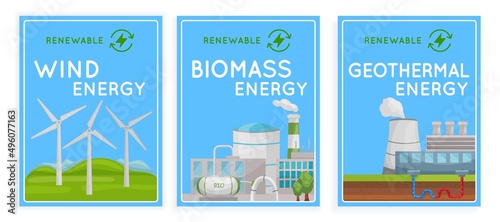 Renewable energy source posters collection. Vector illustration