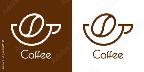 Coffee Shop. Logotipo con texto Coffee con silueta de frijol de café en taza con líneas en fondo marrón y fondo blanco