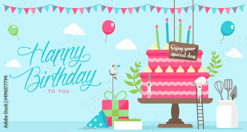 Happy birthday ( birthday cake motif ) vector banner illustration