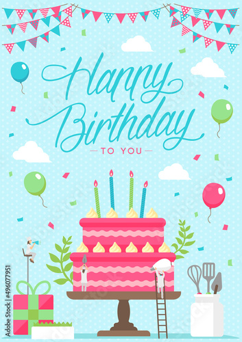 Happy birthday (birthday cake motif ) vertical postcard template illustration