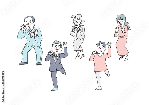 目標を達成して喜んでいる人々のセット　コミカルな手書きの人物　ベクター、線画にカラー