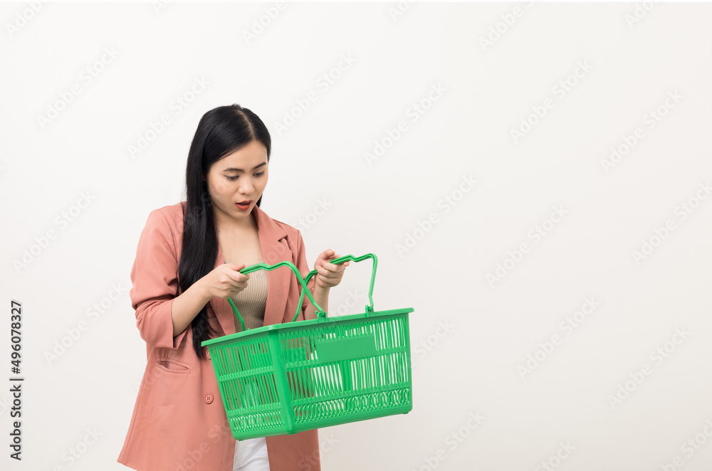 Happy beautiful businesswoman holding shopping basket going to shopping. Portrait beautiful asian women in fashion style standing pose on isolated white background. Happy beautiful businesswoman holding shopping basket going to shopping. Portrait beautiful asian women in fashion style standing pose on isolated white background.