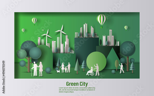 Many people doing activities, enjoy their life in a dream city, save the planet and energy concept, paper illustration, and 3d paper.