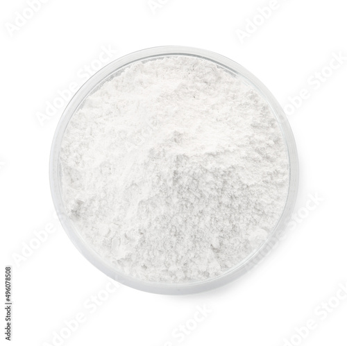 Bowl of tooth powder on white background, top view