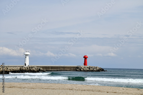 KOREA sea Lighthouse coast scenery nature sandy beach beach horizon whitecaps 