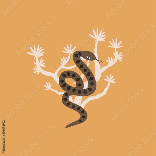 postcard design with snake and desert plant. hand drawn vector illustration.