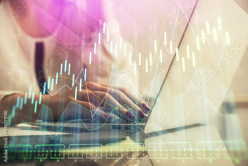 Wallpaper Mural Double exposure of woman hands typing on computer and financial graph hologram drawing. Stock market analysis concept. Torontodigital.ca