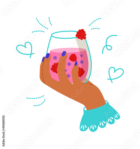 Female Hand Holding Cup of Fruit Juice. Vector illustration