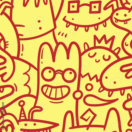 Seamless pattern with cute cartoon creatures on yellow background. Funny cartoon animals print. Doodle monster poster.