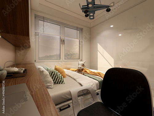 3D rendering, elegant and modern bedroom design, big bed with overcoat cabinet, coffee table, TV, carpet, etc., very comfortable and leisure. © 李 大大