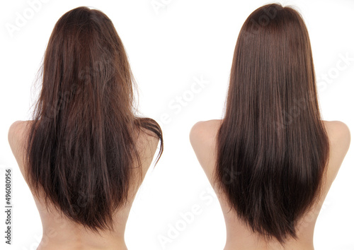 Bild auf Leinwand Woman's dark hair before and after